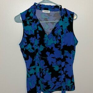 Calvin Klein blouse, blue and purple flowers and teal